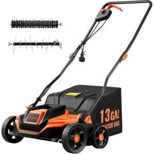 VEVOR 2-in-1 Electric Dethatcher and Scarifier, 13-Inch 13 Amp, Corded Lawn Dethatcher with 13-Gallon Thatch Collection Bag, 5-Position Depth Adjustment, Walk Behind Machine for Garden Yard Grass(13 inch)