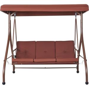 VEVOR 3-Seat Patio Swing Chair, Outdoor Patio Swing with Adjustable Canopy, Porch Swing with Armrests, Teslin Fabric and Alloy Steel Frame, for Balcony, Backyard, Patio, Garden, Poolside, Brown(Brown)
