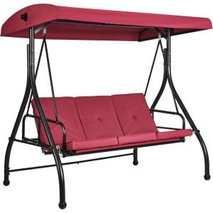 VEVOR 3-Seat Patio Swing Chair, Outdoor Patio Swing with Adjustable Canopy, Porch Swing with Armrests, Teslin Fabric and Alloy Steel Frame, for Balcony, Backyard, Patio, Garden, Poolside, Brown(Burgundy)