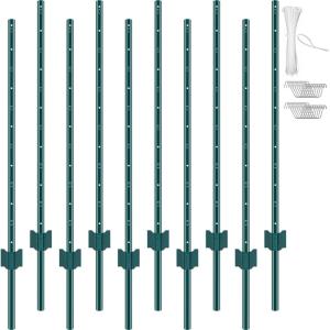 VEVOR 5 Feet Fence Post, 10 Pack U-Channel Heavy Duty Metal Fence Posts with 30 Zip Ties & 20 Clips, Sturdy Steel Fence Stakes for Garden Yard, Lawn, Farms and Outdoor Wire Fencing, Green(4 Feet 10 Pack)