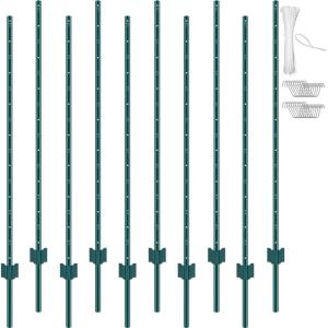 VEVOR 5 Feet Fence Post, 10 Pack U-Channel Heavy Duty Metal Fence Posts with 30 Zip Ties & 20 Clips, Sturdy Steel Fence Stakes for Garden Yard, Lawn, Farms and Outdoor Wire Fencing, Green(5 Feet 10 Pack)
