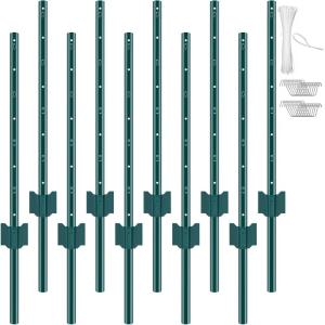VEVOR 5 Feet Fence Post, 10 Pack U-Channel Heavy Duty Metal Fence Posts with 30 Zip Ties & 20 Clips, Sturdy Steel Fence Stakes for Garden Yard, Lawn, Farms and Outdoor Wire Fencing, Green(3 Feet 10 Pack)