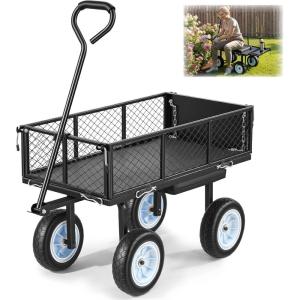 VEVOR 500 LBS Steel Garden Cart with Work Seat, Heavy Duty Garden Wagon Cart on Wheels, Outdoor Metal Utility Yard Wagon Gardening Stool with 10inch Flat Free Tires, Tool Tray & Adjustable Handle(Black)
