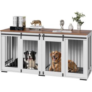 VEVOR 72″Dog Crate Furniture for 2 Dogs,Double Dog Crate Furniture with Double Sliding Doors,Large Dog Crate TV Stand with Removable Tray,Steel Frame Double Dog Crate for Small,Medium,Large Dogs White(70.9″L x 23.6″W x 33.9″H)