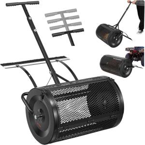 VEVOR Compost Spreader, 24″ Wide Peat Moss Spreader with Push/Tow Handle & Brush, 4 Heights Adjustable, Powder-Coated Steel Garden Peat Moss Roller, Heavy Duty Grass Seed Roller for Planting Seeding