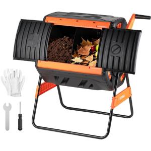 VEVOR Compost Tumbler, 53 Gallon Dual Chamber Outdoor Tumbling Composter with 2 Sliding Doors and Aeration System, Large Easy-Turn Rotating Composting Bin for Outside, Garden, Kitchen, and Yard Waste