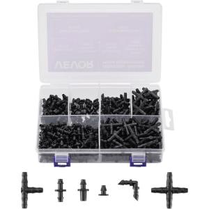 VEVOR Drip Irrigation Fittings Kit for 1/4″ Tubing, 300 Pcs Drip Irrigation System Parts, Tees, Straight Barb, 4 Way Coupling, Elbows, End Plug, Single Barbs, Barbed Connectors for Yard Garden Lawn