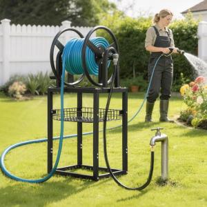 VEVOR Freestanding Garden Hose Reel, Holds 200 Feet of 5/8-inch Hose, Wall Mount or Ground Mount, Detachable Holder Stand with Storage Rack, 5 ft Leader Hose, Brass Fitting, 4 Spikes, for Backyards