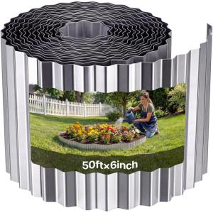 VEVOR Galvanized Steel Landscape Edging, 50 ft x 6 in Metal Edging for Landscaping with Gloves, Easy-to-Install Bendable Metal Strips, Heavy Duty Metal Garden Edge Border for Flower Bed, Yard Pathway(Silver)