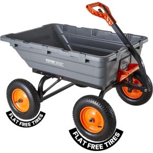 VEVOR Garden Dump Cart 1500lbs 15 Cu.Ft, Heavy Duty Wheelbarrow with Convertible Handle and 16″ Flat Free Tires, Outdoor Yard Wagon ATV Trailer Dump Cart Tow Behind for Lawn Mower Tractor(1500LBS)