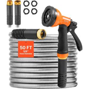 VEVOR Garden Hose Metal 100FT – Heavy Duty Stainless Steel Water Hose, Flexible, No Kink & Tangle, Puncture Resistant & Rust Proof, Lightweight w/ 10-Function Spray Nozzle for Yard, Outdoor, Gardening(50 ft with 10 Function Spray Nozzle)