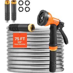 VEVOR Garden Hose Metal 100FT – Heavy Duty Stainless Steel Water Hose, Flexible, No Kink & Tangle, Puncture Resistant & Rust Proof, Lightweight w/ 10-Function Spray Nozzle for Yard, Outdoor, Gardening(75 ft with 10 Function Spray Nozzle)