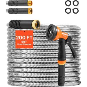 VEVOR Garden Hose Metal 100FT – Heavy Duty Stainless Steel Water Hose, Flexible, No Kink & Tangle, Puncture Resistant & Rust Proof, Lightweight w/ 10-Function Spray Nozzle for Yard, Outdoor, Gardening(200 ft with 10 Function Spray Nozzle)
