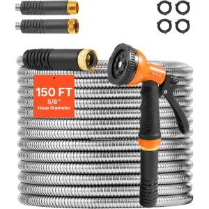 VEVOR Garden Hose Metal 100FT – Heavy Duty Stainless Steel Water Hose, Flexible, No Kink & Tangle, Puncture Resistant & Rust Proof, Lightweight w/ 10-Function Spray Nozzle for Yard, Outdoor, Gardening(150 ft with 10 Function Spray Nozzle)