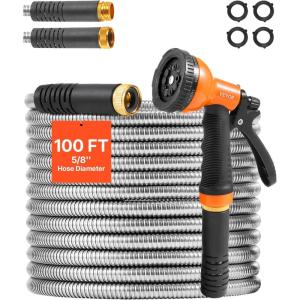 VEVOR Garden Hose Metal 100FT – Heavy Duty Stainless Steel Water Hose, Flexible, No Kink & Tangle, Puncture Resistant & Rust Proof, Lightweight w/ 10-Function Spray Nozzle for Yard, Outdoor, Gardening(100 ft with 10 Function Spray Nozzle)