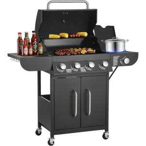 VEVOR Gas Grill, 4 Burner Propane Gas Grill with Side Burner, 425 SQ.In Grilling Area, Carbon Steel Enamel Grates, Outdoor 52,000 BTU Patio Garden BBQ Grills with Two Side Shelves, Stainless Steel(4+1 Burner Carbon Steel)