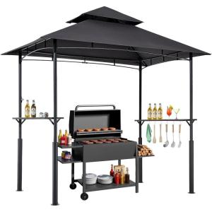 VEVOR Grill Gazebo, 8 x 5 ft Double-Tiered Top, BBQ Gazebo with Extra Awning, Powder-Coated Steel Patio Grill Shelter with 2 Side Shelves, Bottle Opener & Hooks, Outdoor Grilling Canopy for Garden(Leg Plus Style)