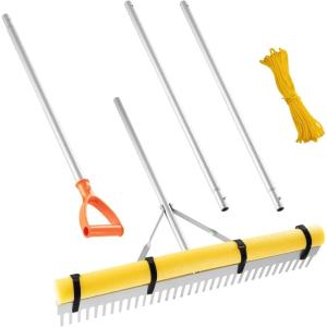 VEVOR Landscape Rake, 36 inch Wide Head 133 inch Handle, Large Heavy Duty Aluminum Landscaping Leaf Rake Tool, Asphalt Level for Loosening Soil, Garden & Yard, Pond Gravel & Beach Lawn Care, 52ft Rope(102 inch)