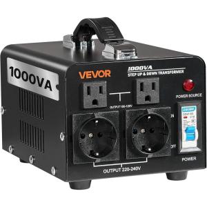 VEVOR Voltage Converter Transformer, 2000W, Heavy Duty Step Up/Down Transformer, Convert from 110 Volt to 220 Volt and from 220 Volt to 110 Volt, with US Outlet EU Outlet 5V USB Port, CE Certified(1000W)