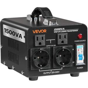VEVOR Voltage Converter Transformer, 2000W, Heavy Duty Step Up/Down Transformer, Convert from 110 Volt to 220 Volt and from 220 Volt to 110 Volt, with US Outlet EU Outlet 5V USB Port, CE Certified(1500W)