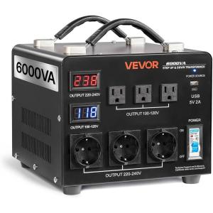 VEVOR Voltage Converter Transformer, 2000W, Heavy Duty Step Up/Down Transformer, Convert from 110 Volt to 220 Volt and from 220 Volt to 110 Volt, with US Outlet EU Outlet 5V USB Port, CE Certified(6000W – Auto)