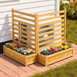 VEVOR Wooden Privacy Fence, 48 x 49 inch Air Conditioner Fence, 2 Panel Solid Outdoor Wood Privacy Screen with Metal Stakes, Steel Frame, Trash Can Hider Fences Suitable for Garden, Pool(2)