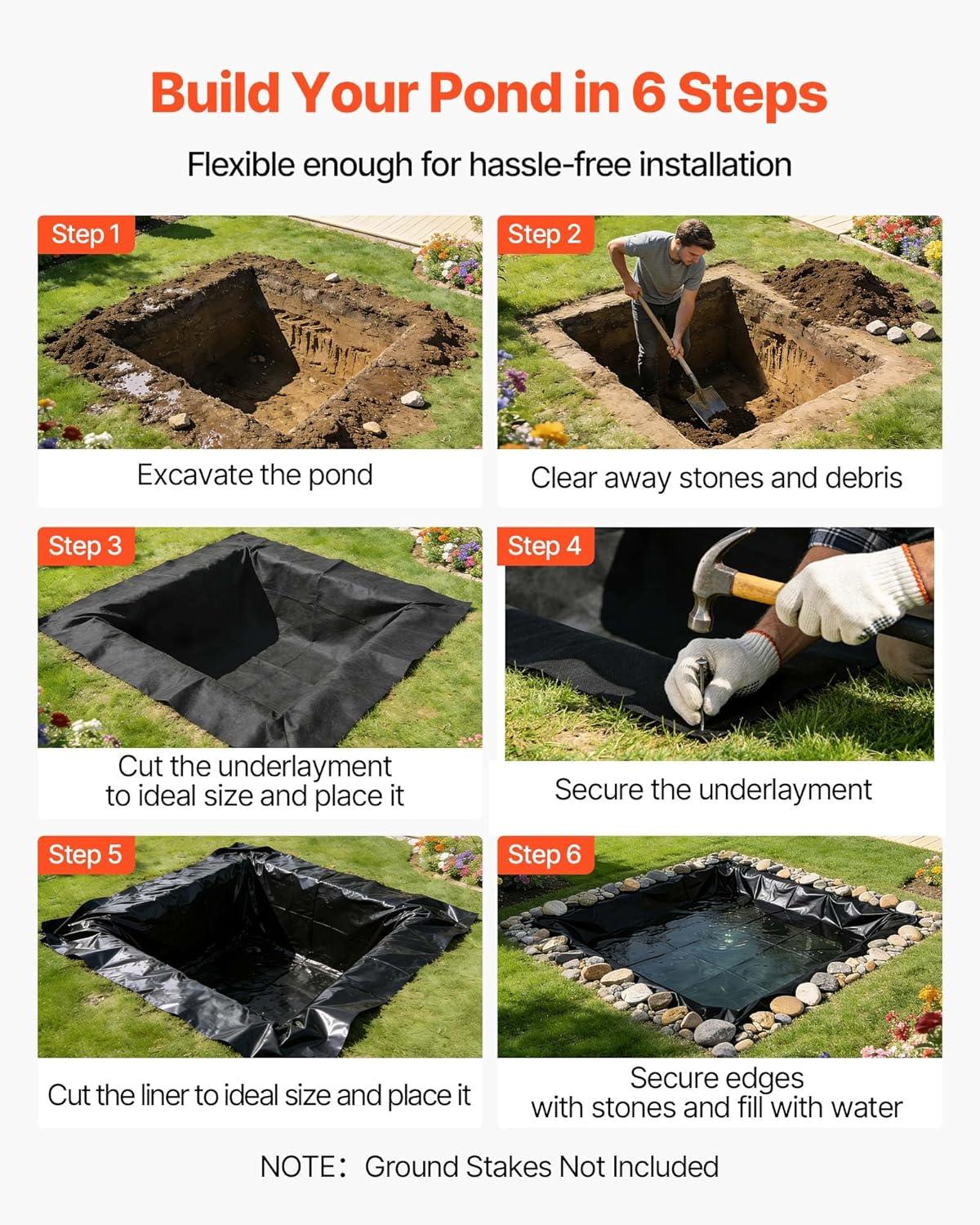 image:imageVEVOR 10 x 13 ft Pond Liner 20 Mil Thickness Pliable amp Durable LLDPE Material Easy Cutting Underlayment for Fish or KoiWaterfall Fountains Water Gardens Black15 x 15 ft