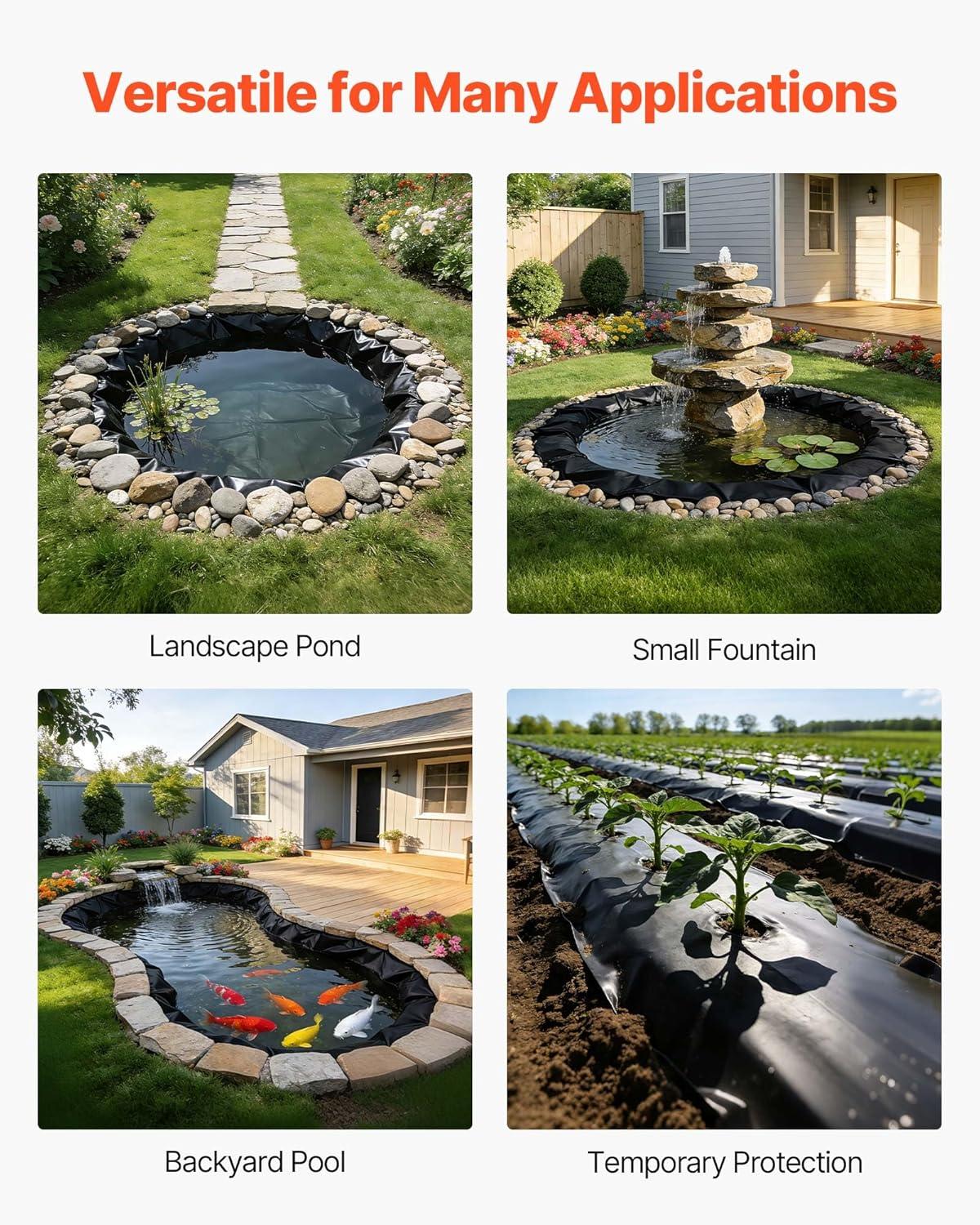 image:imageVEVOR 10 x 13 ft Pond Liner 20 Mil Thickness Pliable amp Durable LLDPE Material Easy Cutting Underlayment for Fish or KoiWaterfall Fountains Water Gardens Black8 x 10 ft