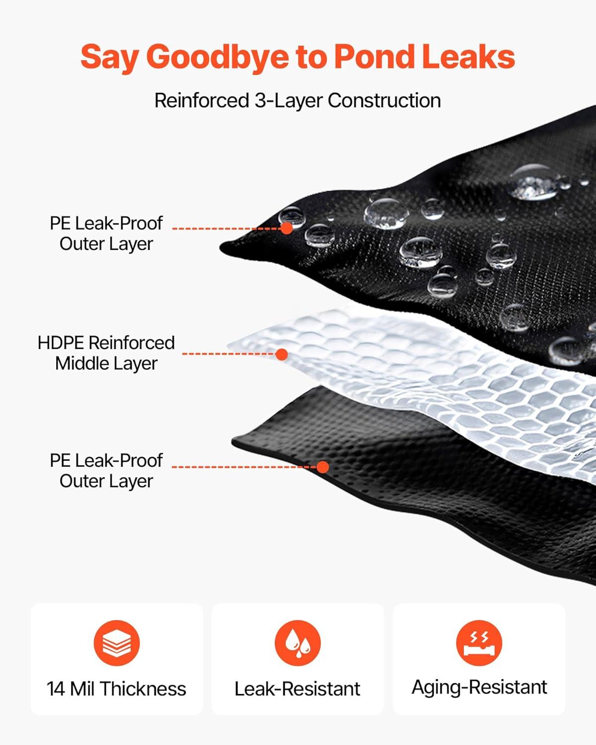 image:imageVEVOR 10 x 13 ft Pond Liner 20 Mil Thickness Pliable amp Durable LLDPE Material Easy Cutting Underlayment for Fish or KoiWaterfall Fountains Water Gardens Black15 x 20 ft