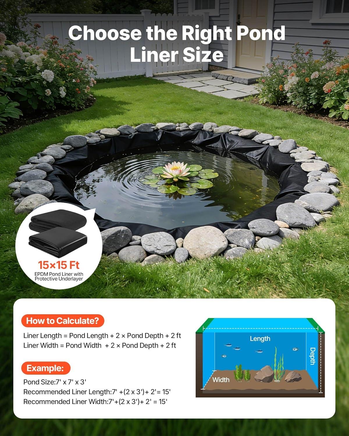 image:imageVEVOR 10 x 13 ft Pond Liner 20 Mil Thickness Pliable amp Durable LLDPE Material Easy Cutting Underlayment for Fish or KoiWaterfall Fountains Water Gardens Black15 x 15 ft