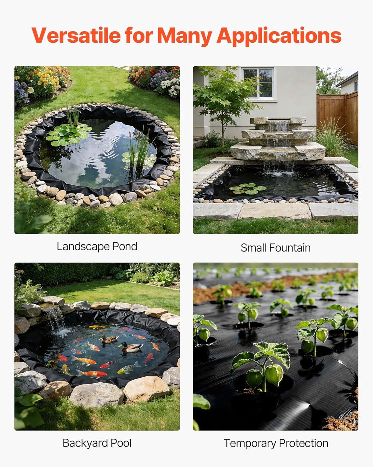image:imageVEVOR 10 x 13 ft Pond Liner 20 Mil Thickness Pliable amp Durable LLDPE Material Easy Cutting Underlayment for Fish or KoiWaterfall Fountains Water Gardens Black15 x 20 ft