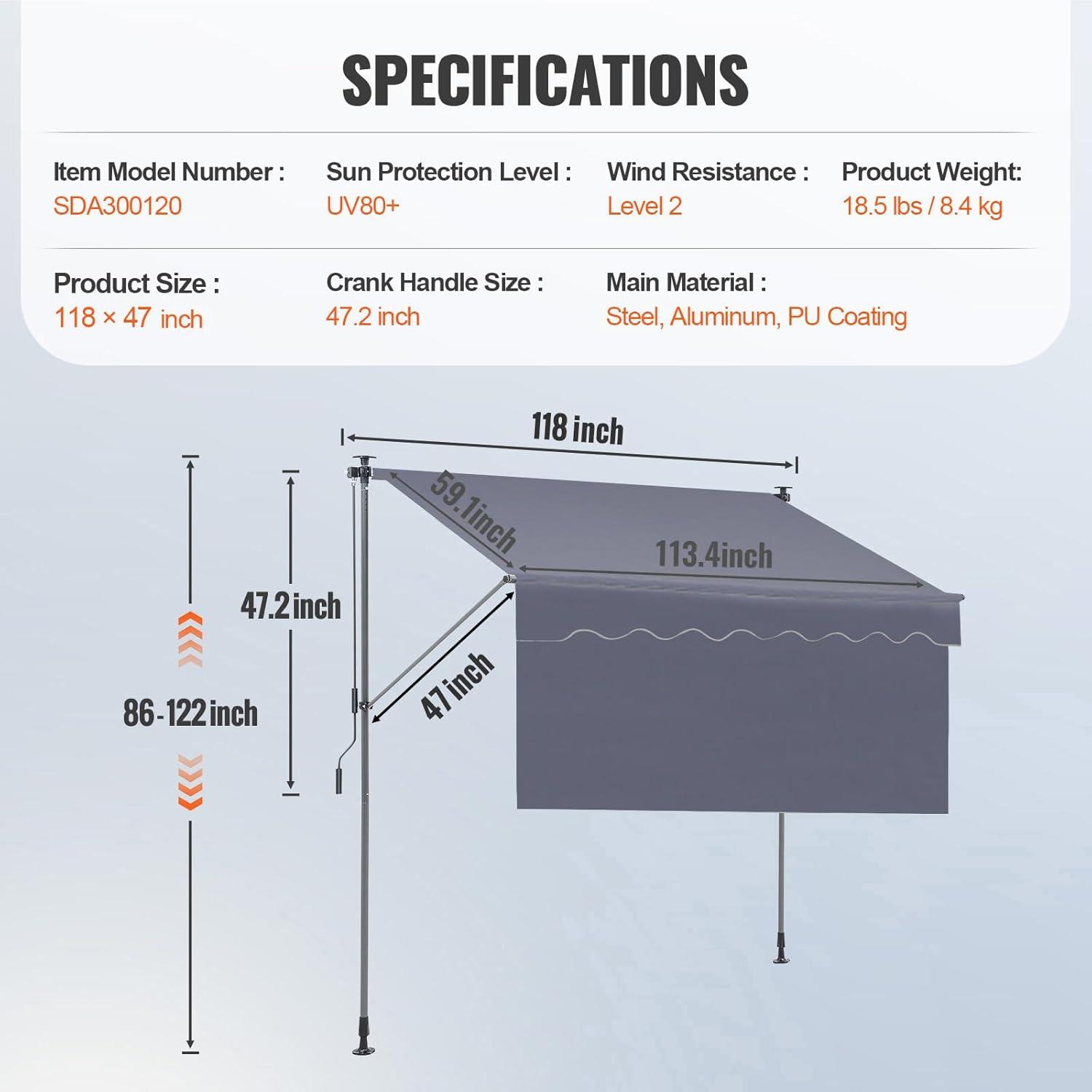 image:imageVEVOR 138 x 47 Patio Awning Retractable Outdoor Retractable Patio Awning Sunshade Shelter Adjustable Patio Door Window Canopy with Manual Crank Handle for Backyard Garden Balcony Dark Gray118 47