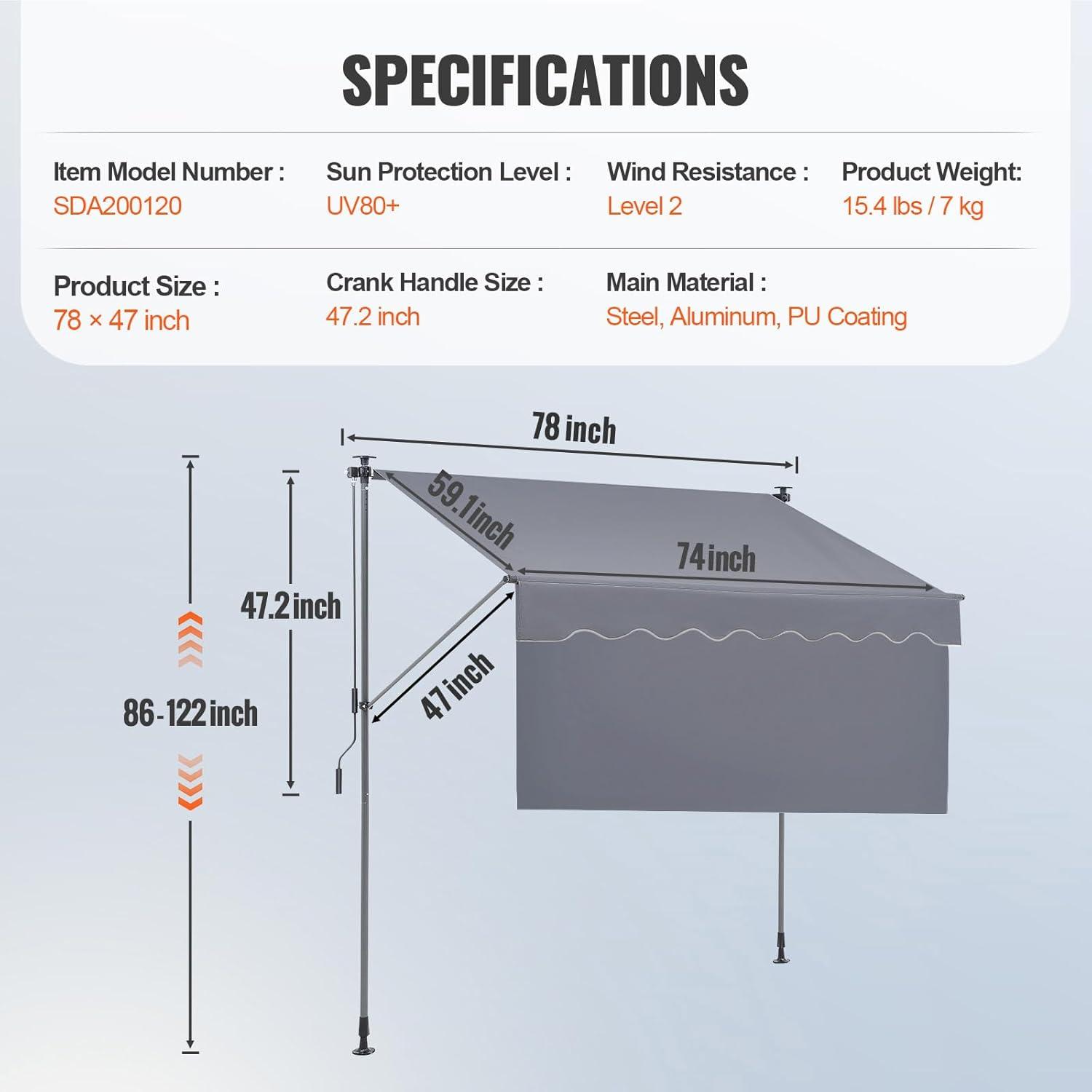 image:imageVEVOR 138 x 47 Patio Awning Retractable Outdoor Retractable Patio Awning Sunshade Shelter Adjustable Patio Door Window Canopy with Manual Crank Handle for Backyard Garden Balcony Dark Gray7847