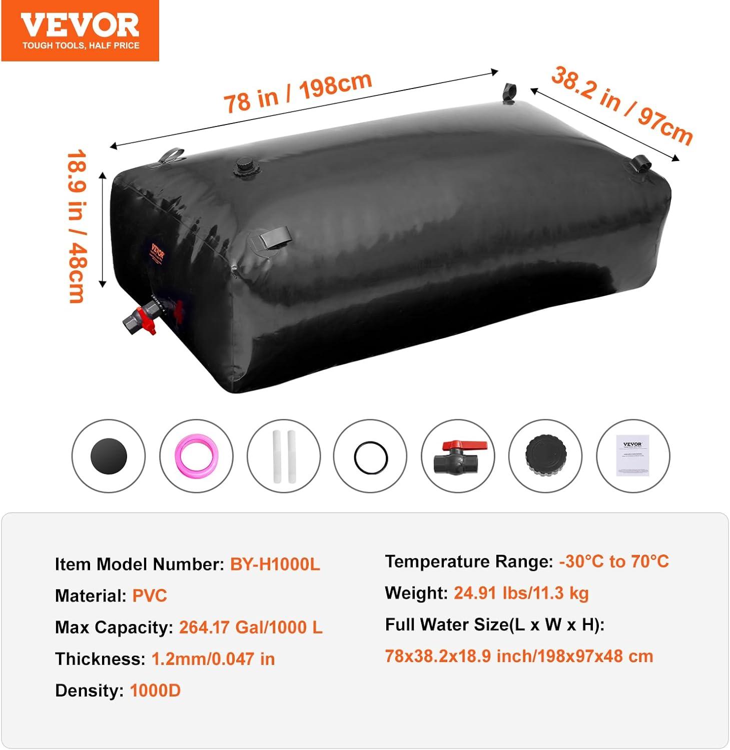 image:imageVEVOR 240L634 Gallon Water Storage Bladder Portable RV Water Tank 1000D PVC Collapsible Water Storage Containers Soft Water Storage Bag Water Bladder Fire Prevention Camping Emergency WaterBlack