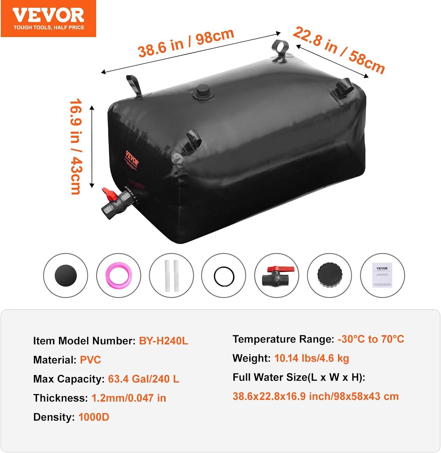 image:imageVEVOR 240L634 Gallon Water Storage Bladder Portable RV Water Tank 1000D PVC Collapsible Water Storage Containers Soft Water Storage Bag Water Bladder Fire Prevention Camping Emergency WaterBlack