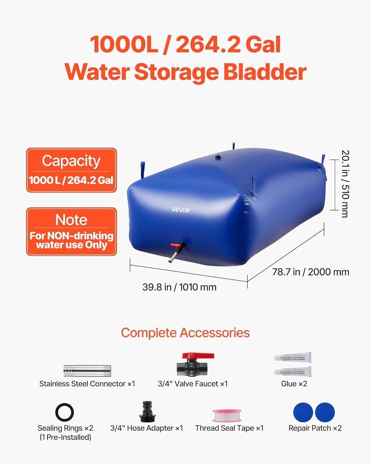 image:imageVEVOR 240L634 Gallon Water Storage Bladder Portable RV Water Tank 1000D PVC Collapsible Water Storage Containers Soft Water Storage Bag Water Bladder Fire Prevention Camping Emergency WaterBlue