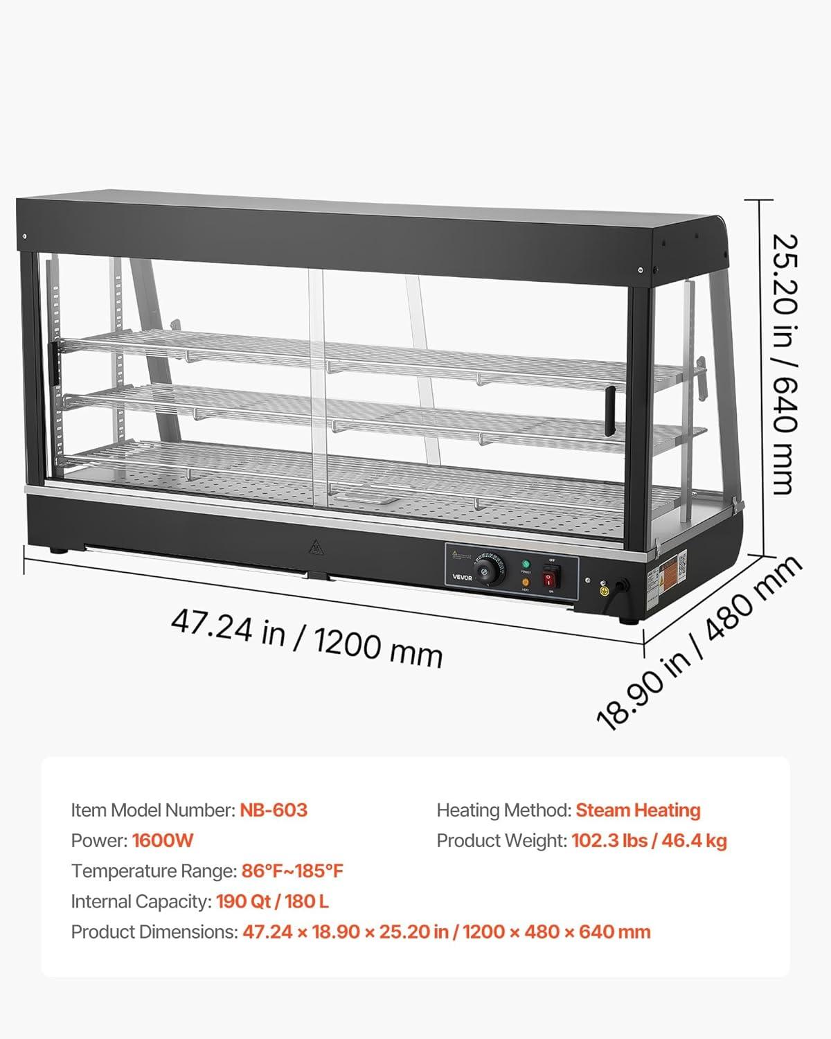 image:imageVEVOR 2Tier Commercial Food Warmer Display 850W Food Display Warmer wTempered Glass and Steam Heating 86185 Temperature Control 111L Large Capacity for Hamburger Pizza Bread Fried Chicken4724 x 1890 x 2520 in 1200 x 480 x 640 mm