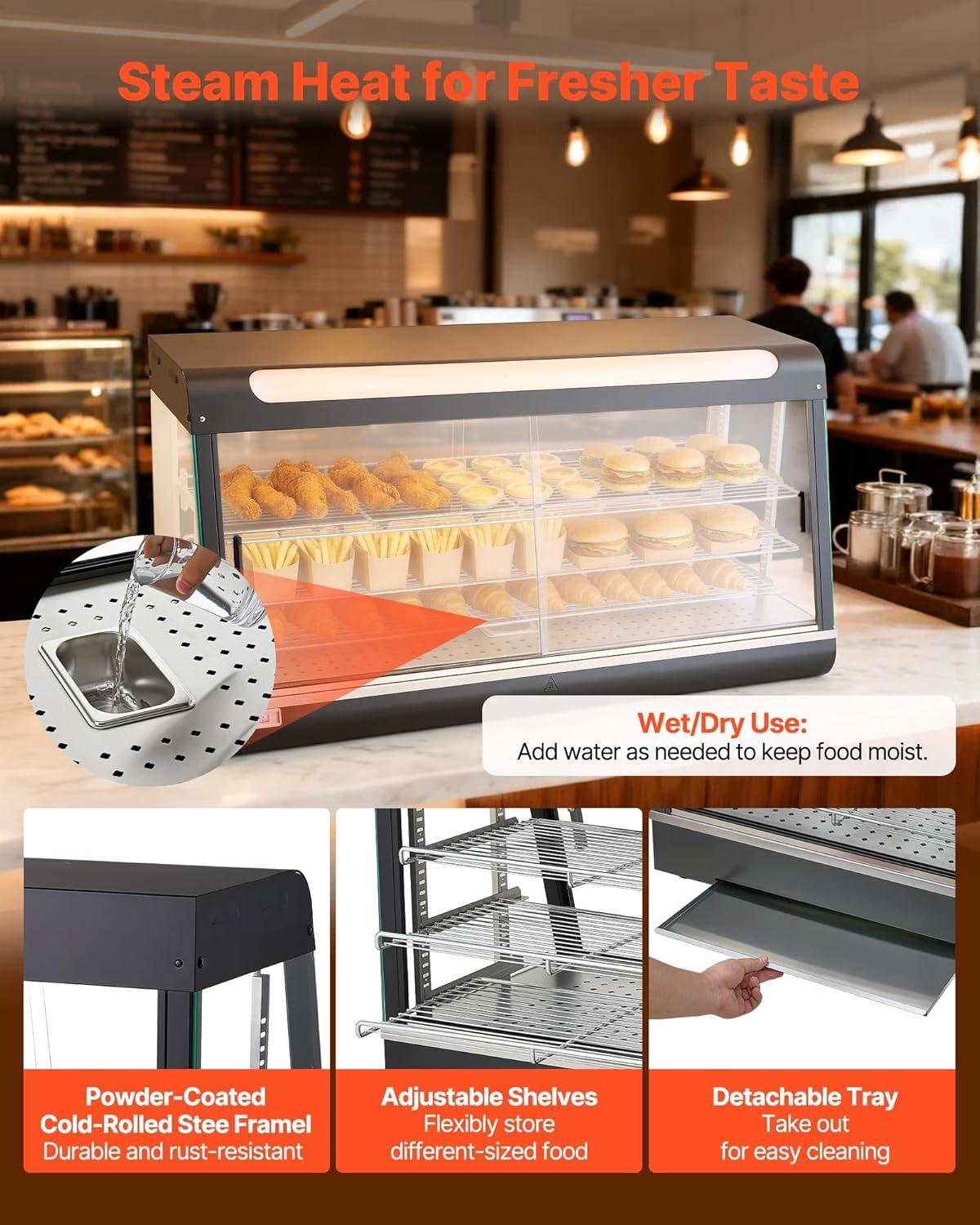 image:imageVEVOR 2Tier Commercial Food Warmer Display 850W Food Display Warmer wTempered Glass and Steam Heating 86185 Temperature Control 111L Large Capacity for Hamburger Pizza Bread Fried Chicken4724 x 1890 x 2520 in 1200 x 480 x 640 mm