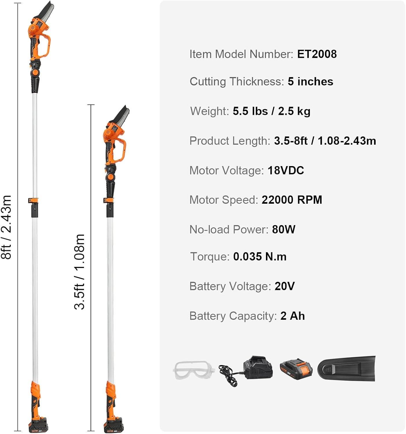 image:imageVEVOR 2in1 Cordless Pole Saw amp Mini Chainsaw 20V 2Ah Battery Pole Chainsaw 5 Cutting Capacity 14Ft Reach Pole Saw for Branch Cutting amp Tree Trimming Battery and Blade Cover Included20V 2Ah renewed