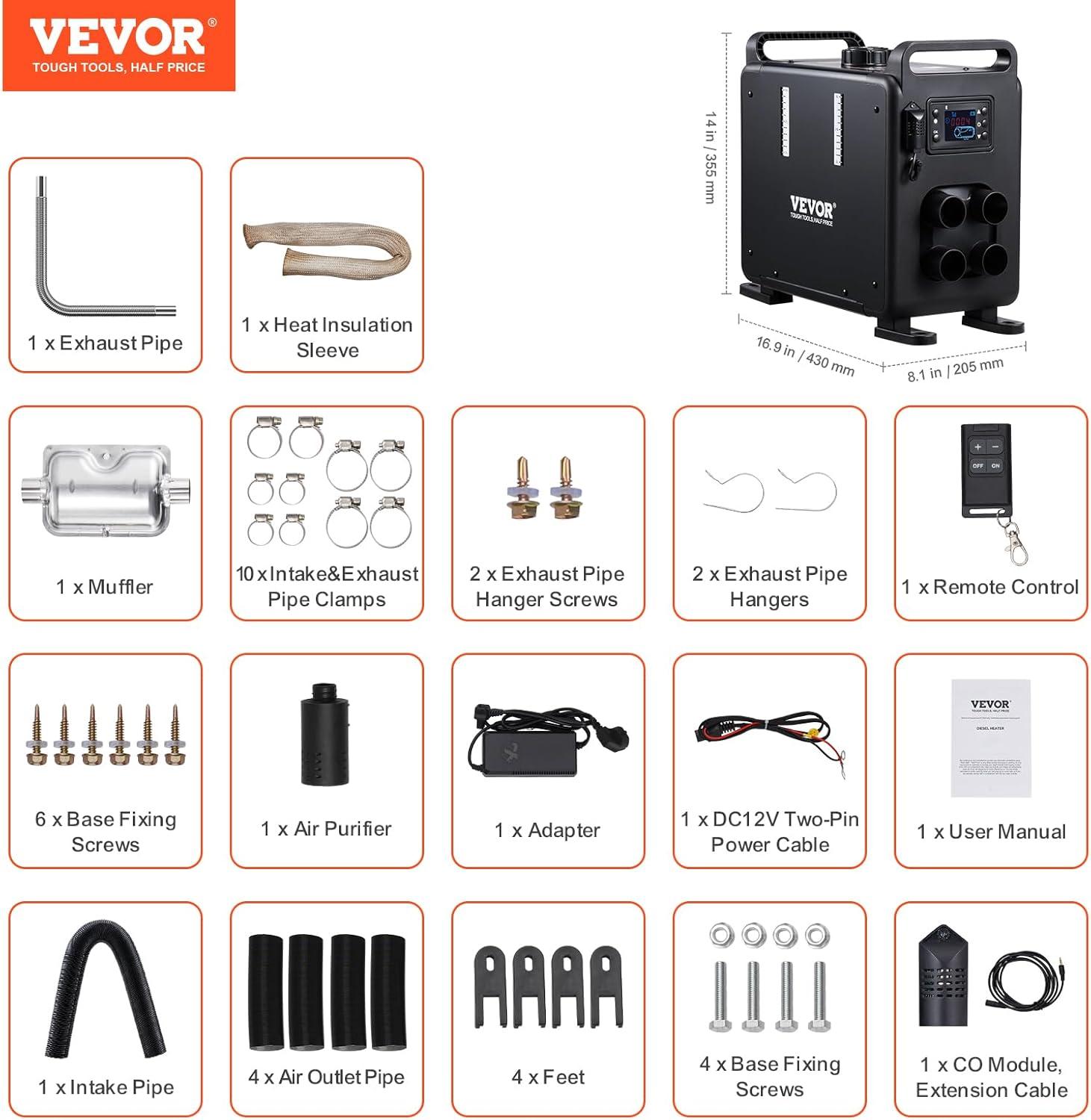 image:imageVEVOR 8KW Diesel Air Heater 12V24V All in One Bluetooth APP Control Remote Control and Display Screen CO Alarm Fast Heating Vertical Portable for Vehicles GarageBlack