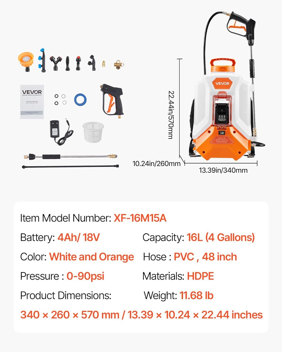 image:imageVEVOR Battery Powered Backpack Sprayer Electric Back Pack Sprayer 4 Gallon 2 Wands amp 8 Nozzles Adjustable 090 PSI 4H Runtime Portable Lawn amp Garden Sprayers for Weeding Spraying Cleaning