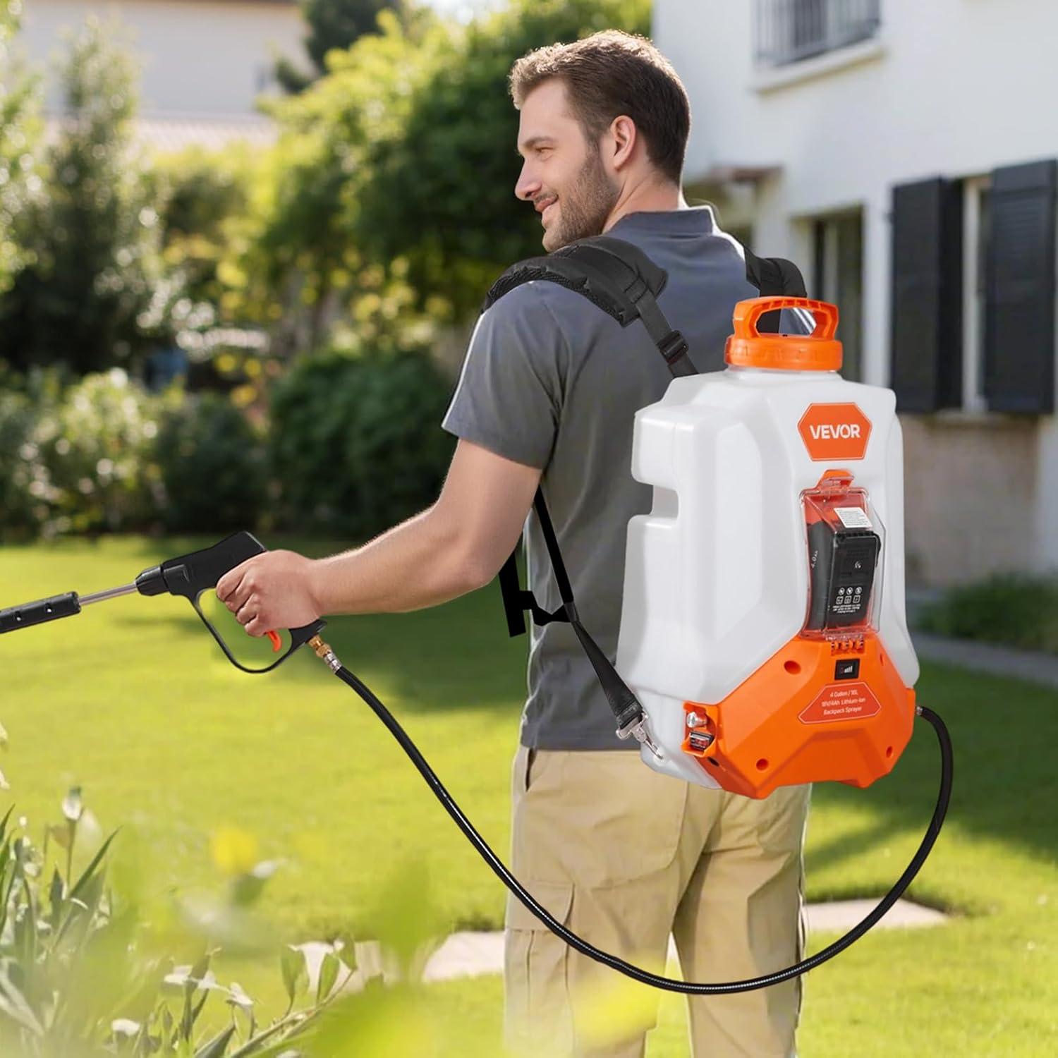 image:imageVEVOR Battery Powered Backpack Sprayer Electric Back Pack Sprayer 4 Gallon 2 Wands amp 8 Nozzles Adjustable 090 PSI 4H Runtime Portable Lawn amp Garden Sprayers for Weeding Spraying Cleaning