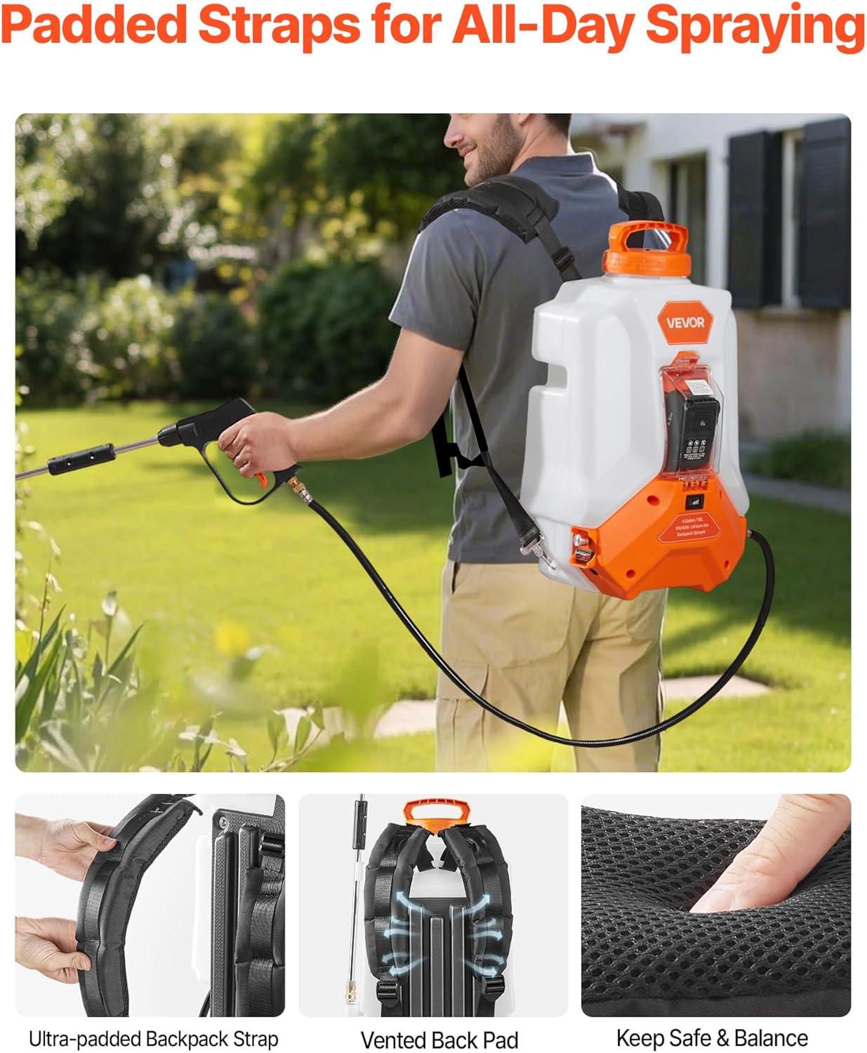 image:imageVEVOR Battery Powered Backpack Sprayer Electric Back Pack Sprayer 4 Gallon 2 Wands amp 8 Nozzles Adjustable 090 PSI 4H Runtime Portable Lawn amp Garden Sprayers for Weeding Spraying Cleaning