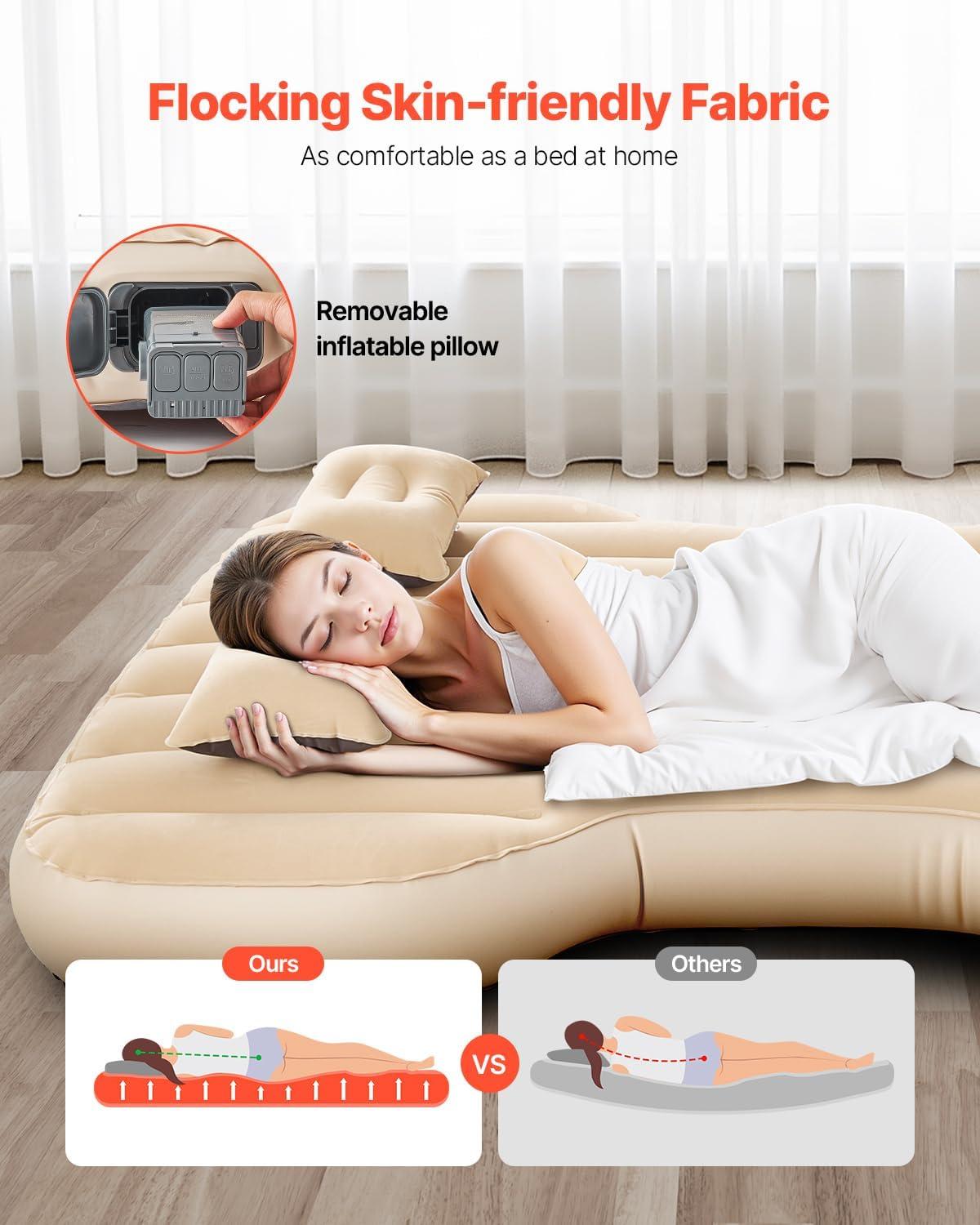 image:imageVEVOR Car Air Mattress Fits Tesla Model Y 20202024 Inflatable Car Camping Mattress Flocking Thickened Blow Up Travel Beds Durable Portable Sleeping Pad with Built in Pump 2 Pillows Beige