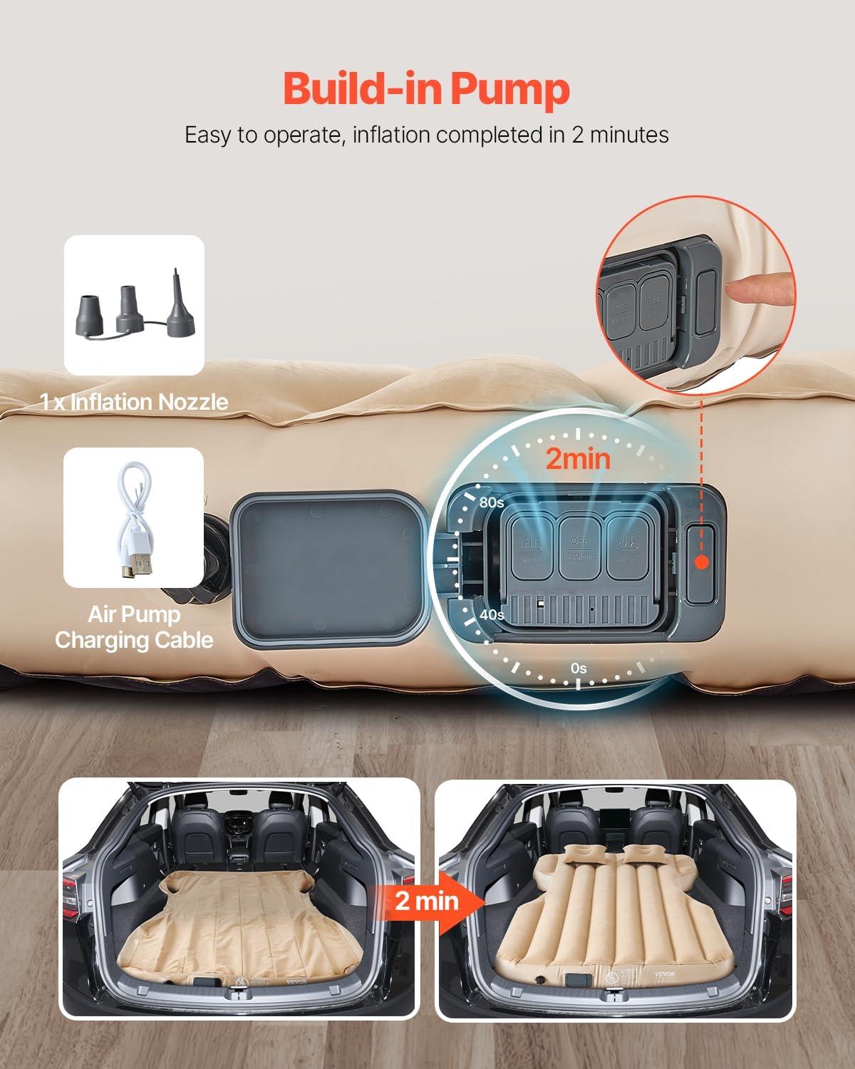 image:imageVEVOR Car Air Mattress Fits Tesla Model Y 20202024 Inflatable Car Camping Mattress Flocking Thickened Blow Up Travel Beds Durable Portable Sleeping Pad with Built in Pump 2 Pillows Beige