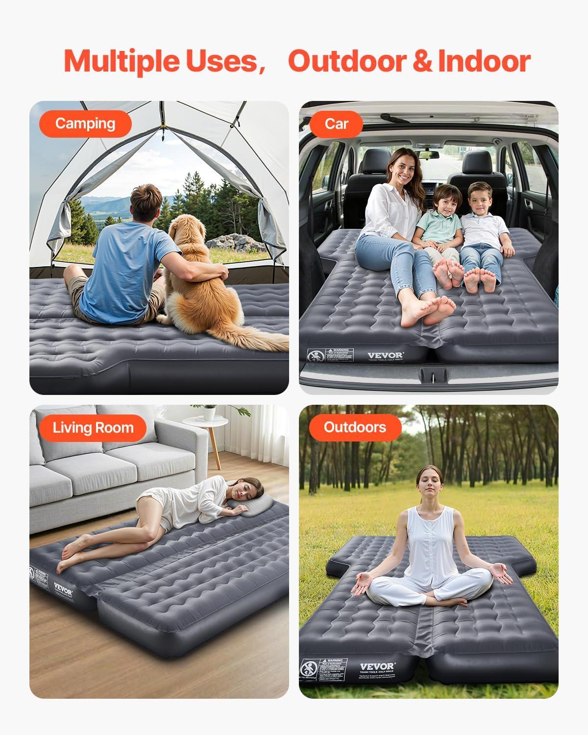 image:imageVEVOR Car Air Mattress Inflatable Car Camping Mattress Oxford Thickened Travel Beds Comfortable and Durable Portable Sleeping Pad with Air Pump Nozzle Carry Bag Fits Most SUV MPV Sedan Gray