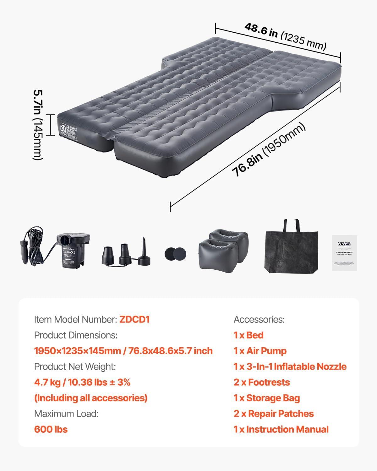 image:imageVEVOR Car Air Mattress Inflatable Car Camping Mattress Oxford Thickened Travel Beds Comfortable and Durable Portable Sleeping Pad with Air Pump Nozzle Carry Bag Fits Most SUV MPV Sedan Gray