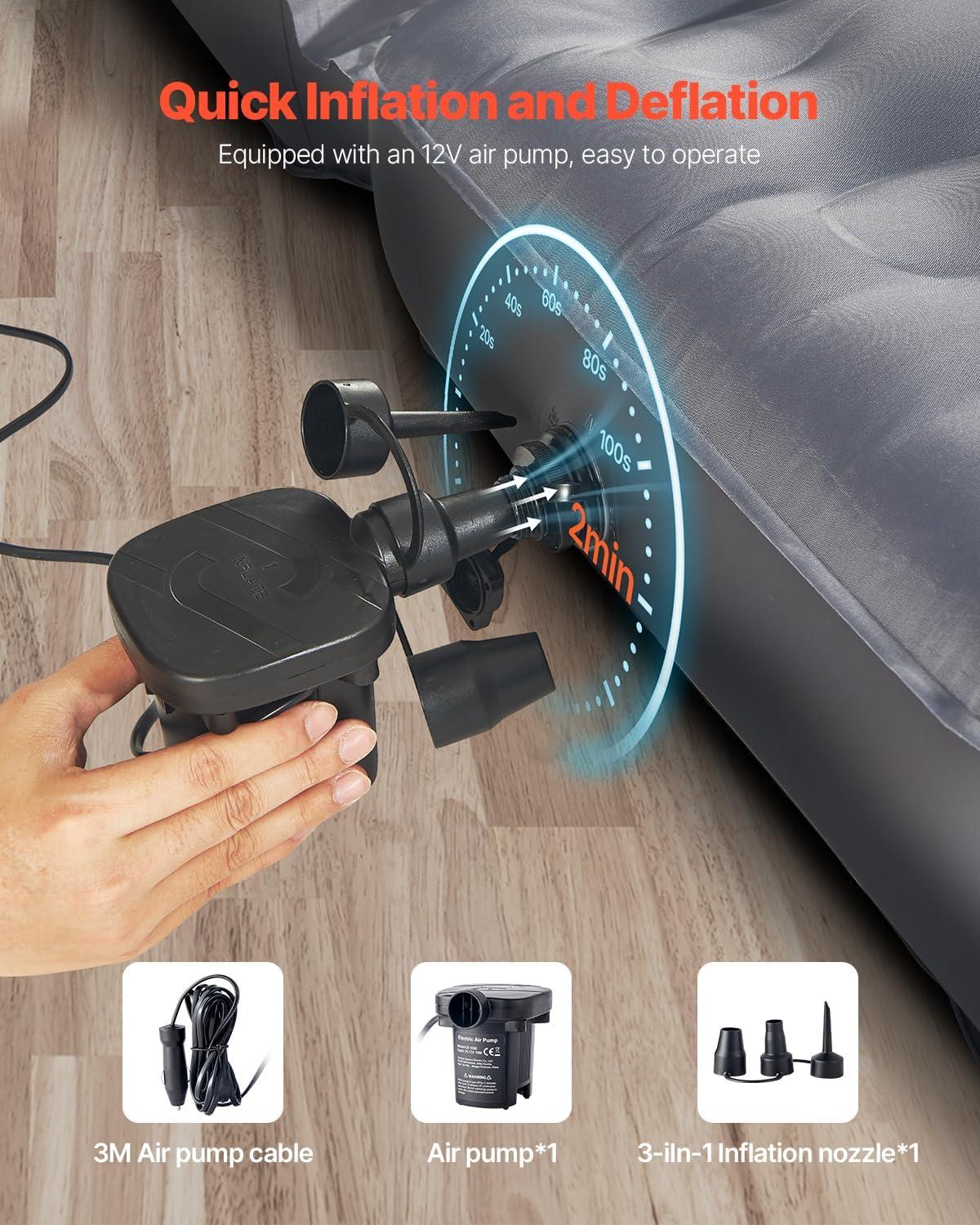 image:imageVEVOR Car Air Mattress Inflatable Car Camping Mattress Oxford Thickened Travel Beds Comfortable and Durable Portable Sleeping Pad with Air Pump Nozzle Carry Bag Fits Most SUV MPV Sedan Gray