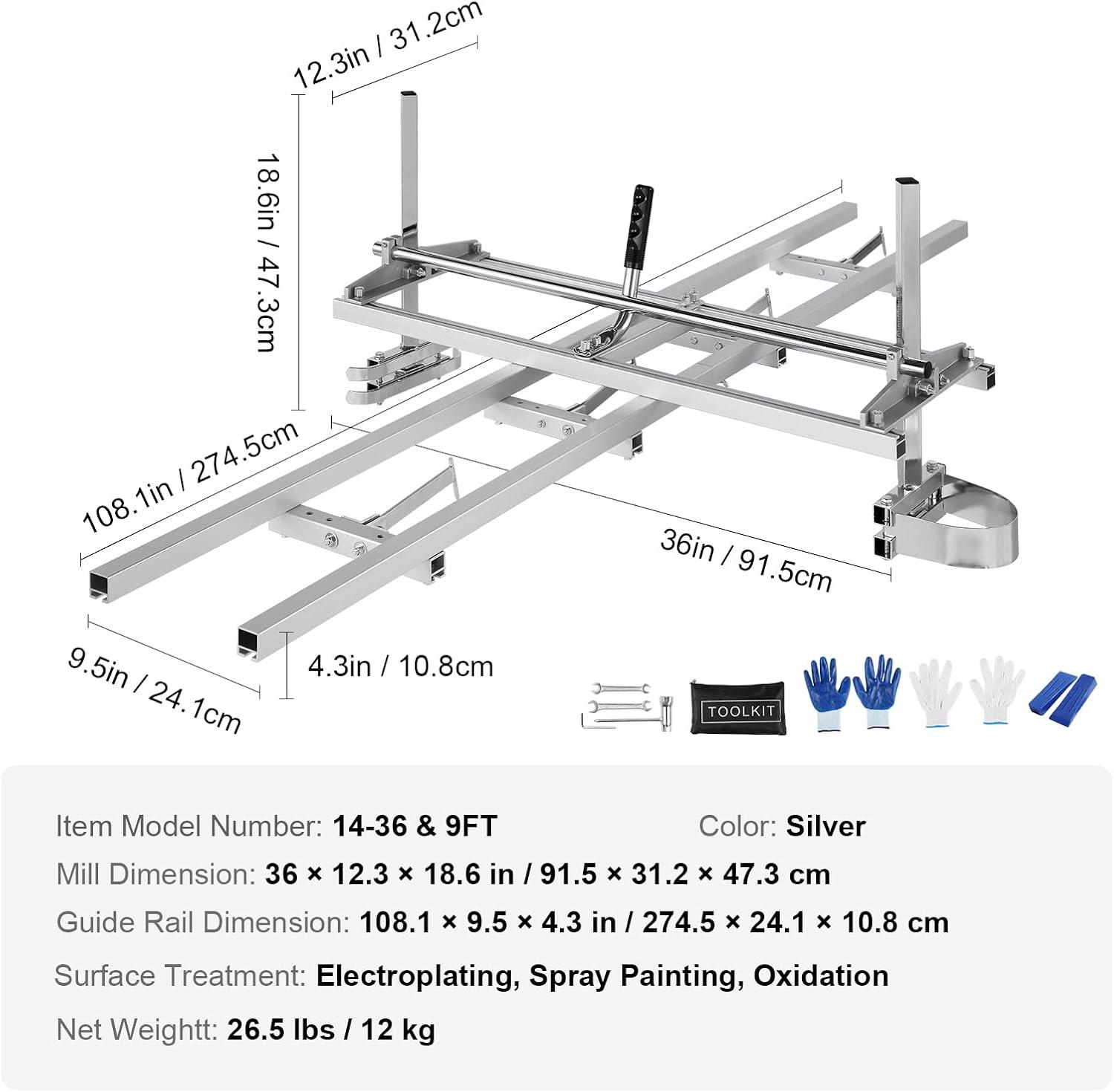 image:imageVEVOR Chainsaw Mill and Rail Mill Guide System Portable Sawmill 1436 Guide Bar 9ft Aluminum Saw Milling Rail Guide with Chainsaw Planking Mill for Woodworkers and Carpenters