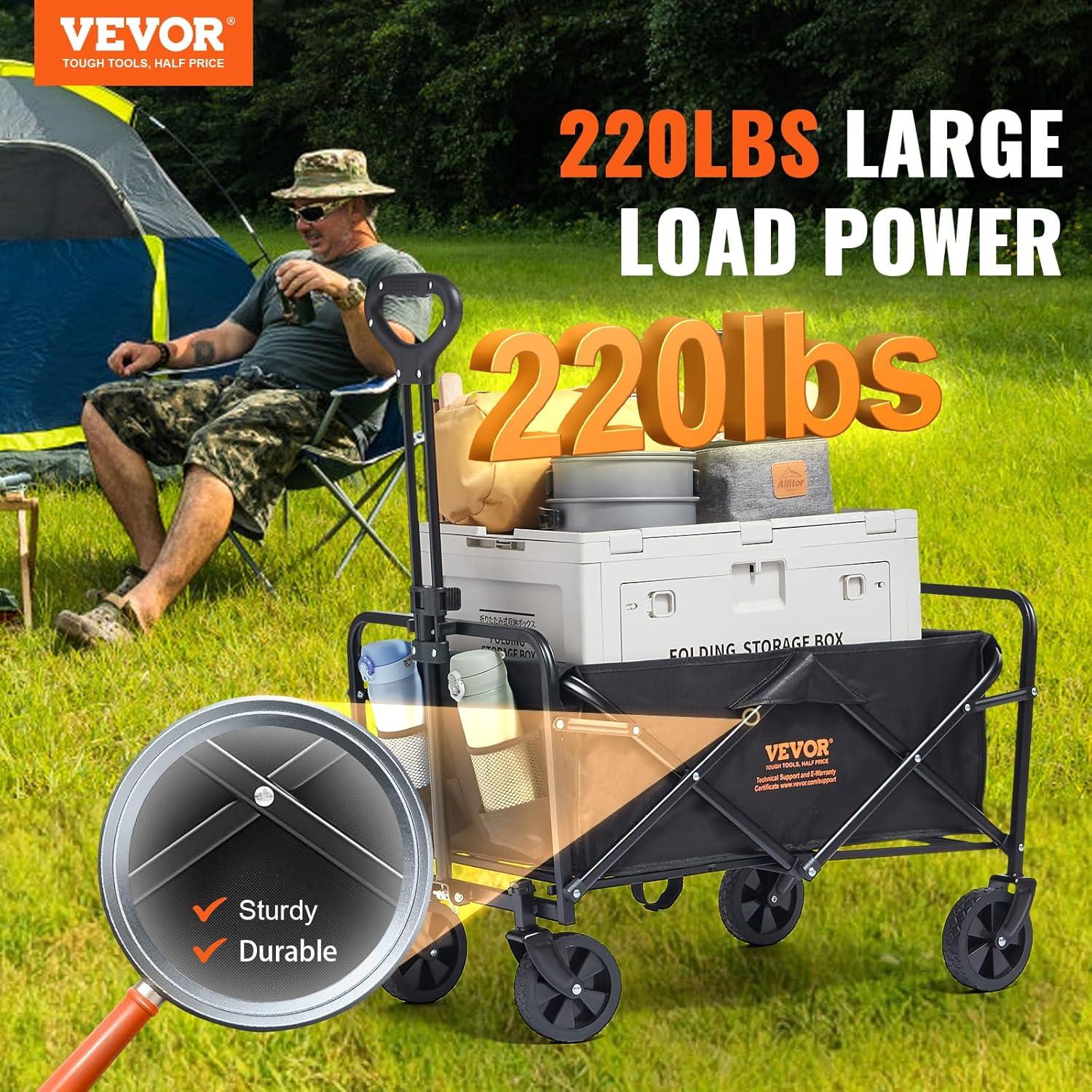 image:imageVEVOR Collapsible Folding Wagon Cart 220lbs Heavy Duty Wagons Carts Foldable with Wheels Outdoor Portable Garden Cart Utility Wagon for Groceries Camping Sports with Large Capacity amp Drink HolderBlack